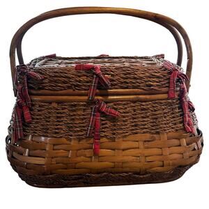 DELUXE PICNIC TIME BASKET 21" ROPE & BAMBOO BOMBAY HAMPER RED TARTAN LANCELOT